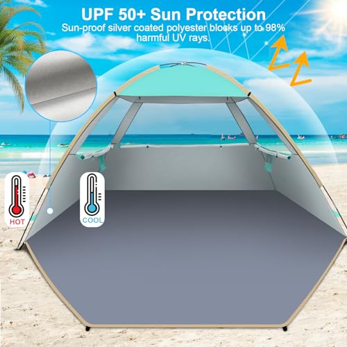 Gorich Beach Tent Sun Shelter for 3/4/6/8/10 Person with UPF 50＋ UV Protection, Lightweight & Easy Setup Beach Shade Canopy, Portable Beach Shade Tent Beach Cabana - color: Turquoise, size: 6 Person