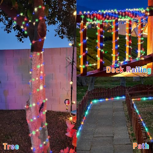 YEGUO Solar Rope Lights Outdoor Waterproof, 66ft 200 LED Multicolor String Lights, 8 Modes Fairy Lights in Clear Thin Tube - color: Multicolor
