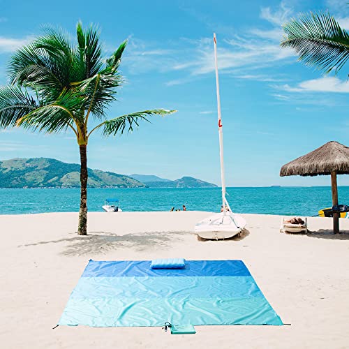 Beach Blanket with Pillow Double-Sided Waterproof Sandproof Extra Large Beach Mat Quick Drying Lightweight with 4 Stakes&4 Corner Pockets 79"*83" for 1-4 Adults for Camping Picnic Travel Hiking - color: Blue, size: 79"*83"