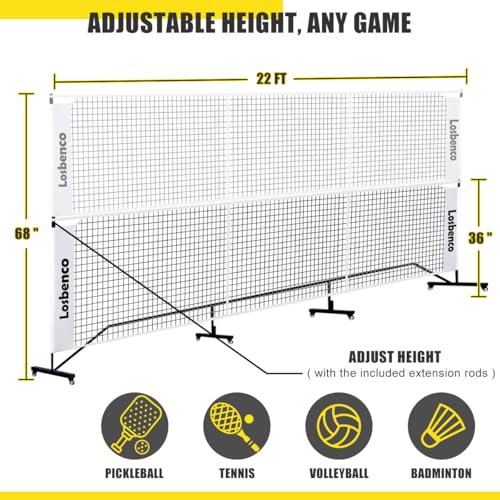 Losbenco Pickleball Net with Wheels Court Lines, Metal Frame & Regulation Size 22FT, 6-in-1 Adjustable Portable Net for Playing Pickleball, Tennis, Volleyball & Soccer Backyard Games - color: White