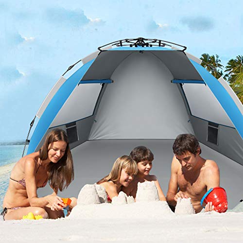 Oileus X-Large 4 Person Beach Tent Sun Shelter - Portable Sun Shade Instant Tent for Beach with Carrying Bag, Stakes, 6 Sand Pockets, Anti UV for Fishing Hiking Camping, Waterproof Windproof, Blue - color: Blue