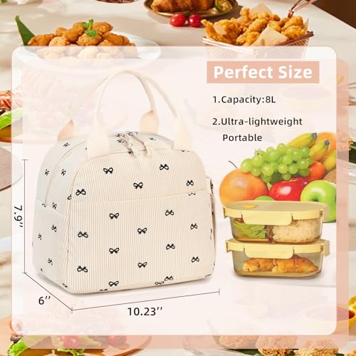 LEDAOU Lunch Box for Women Insulated Lunch Bag Corduroy Lunch Tote Bags Leakproof Cooler Lunch Case for Travel Work Picnic - color: Black bowtie -2