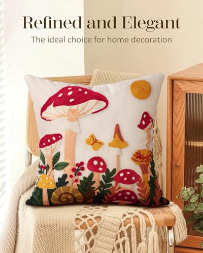 Embroidered Throw Pillow Cover 18x18 Inch - Spring Summer Boho Decorative Pillow Cover with Zipper for Living Room Couch Sofa Bed Aesthetic Design Mushroom Moon Cushion Pillowcase - color: Mushroom Moon, size: 18" x 18" (Pack of 1)