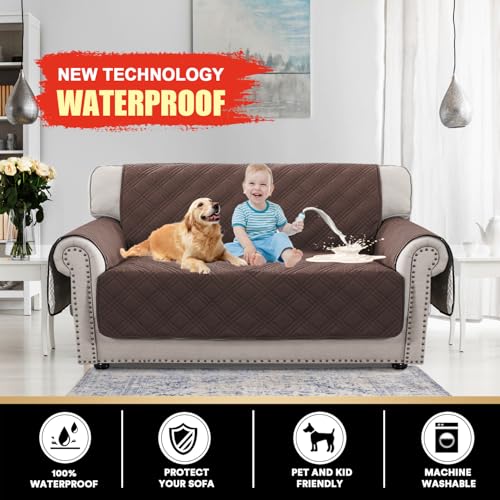PrinceDeco 100% Waterproof Loveseat Covers for 2 Cushion Couch Sofa Covers Waterproof and Washable Sofa Slipcover with Side Pocket Furniture Protector with Elastic Straps(Loveseat 48", Brown) - color: Brown, size: Loveseat