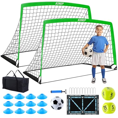 2 Set Kids Soccer Goals for Backyard with Training Equipment, Portable Foldable Practice Nets with Ball, Dice & Mat, Cones, Air Pump and Carry Bag for Toddler Youth Outdoor Sports Game - color: Green, style: 5x3FT