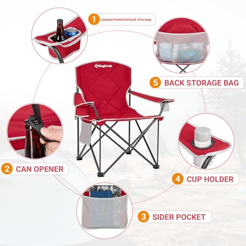 KingCamp 2pack Red Oversized Camping Chair with Cup Holder & 3 Storage Pockets - Heavy-Duty 360lbs Capacity Folding Lawn Chair, Portable Compact Foldable Outdoor Chair for Camping, Fishing, BBQ - color: 2 Pack-red