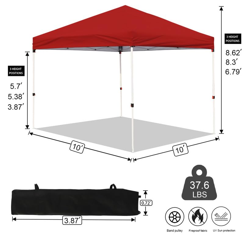 Northroad 10x10ft Pop Up Canopy, Popup Outdoor Canopy Tent with Wheeled Carrying Bag,Portable Gazebo Shelter for Patio,Deck,Garden,Beach（Red） - color: Red, size: 10x10