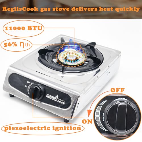 1Burner Propane Gas Cooktop,Camping Portable LPG Gas Stove, Auto Ignition Stainless Steel Countertop with regulator burner grate - color: Stainless Steel