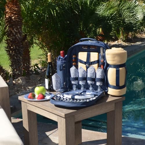 Bold Picnic Backpack with Blanket for 4 - color: Navy/White With Gingham