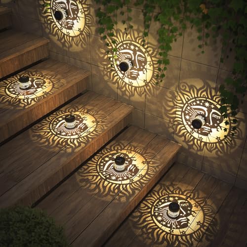 4 Pack Solar Fence Lights Metal Solar Powered Outdoor Wall Deck Step Lights Sun Moon Theme Waterproof Fence Light for Garden Post Patio Backyard Yard Decor, Gardening Gifts for Women Mom Grandma - color: Sun Moon, size: 4 Pack