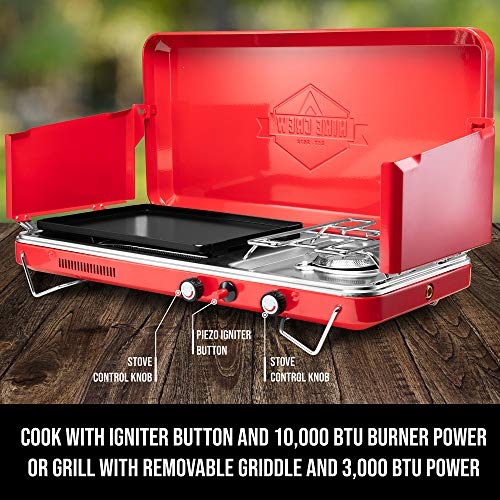 Hike Crew 2-in-1 Gas Camping Stove and Griddle, Portable Propane Burner w/Integrated Igniter & Stainless Drip Tray | Built-in Carrying Handle, Foldable Legs & Wind Panels | Includes Regulator - color: Red