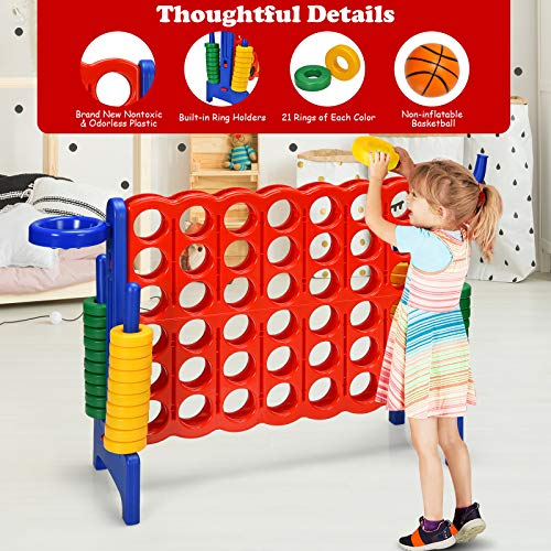 Costzon Giant 4-in-A-Row, Jumbo 4-to-Score Giant Game w/Basketball Hoop, Ring Toss, Quick-Release Slider, 42 Jumbo Rings, Indoor Outdoor Family Connect Game for Kids & Adults, Backyard Games, Blue - color: Red/Blue