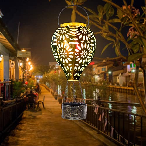 Solar Hot Air Balloon Lantern, Hanging Lanterns Outdoor Waterproof Decorative Metal LED Lantern Solar Lights for Trees Patio Garden Yard Porch Decor, Multi-Color - style: Multi-colored