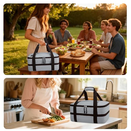 Trunab Insulated Casserole Carrier for Hot or Cold Food, Double Thermal Food Containers, Fit 9x13 Inches Baking Dish Foil Pans, For Picnic Cookouts, Potluck Parties, Beach,Beige (Grey) - color: Gray