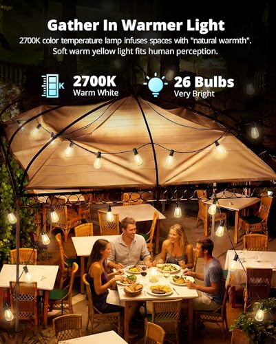 VIPAR Outdoor String Lights 60FT LED Patio Lights LED Waterproof with 26+2 Shatterproof ST38 Edison Bulbs, 2700K Connectable Outside Hanging Light for Porch, Garden, Backyard, Deck, Balcony, Decor - size: 60FT