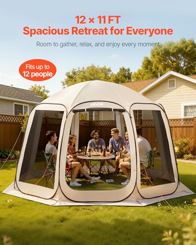 VEVOR Pop up Screen House Tent, 12 x 11 ft, 10-12 Person Screen Gazebo, Portable Screened in Canopy with Carry Bag, Netting Sides, Ground Stakes, for Garden, Patio, Backyard, Outdoor Activities, Beige - color: Beige, size: 12x11x7.55 Ft