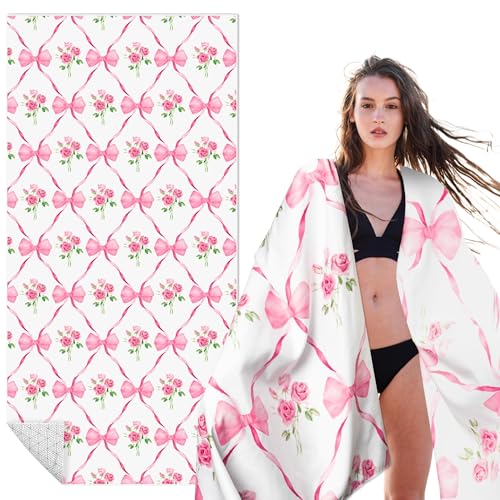 Pink Bow Oversized Beach Towel - Flower Double-sided Thin Microfiber Lightweight Pool Towel 71"x35" Quick Dry Towel Sand Free Blanket for Bath Sport Travel Beach Swimming Camping for Girl Women - color: Pink, White, style: Rose Bow