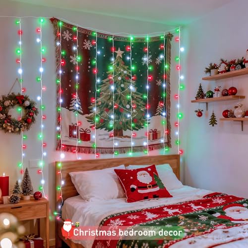 JMEXSUSS 300LED Red White and Green Christmas Curtain Lights with Remote, Indoor Christmas String Lights Plug in, Hanging Twinkle Lights for Bedroom Window Wall Yard Outdoor Xmas Decor, 9.8x9.8ft - color: Red White and Green, size: 300 LED