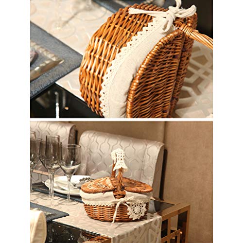 Walfront Traditional Brown Wicker + Linen Picnic Basket 26 * 18 * 16cm Handle Height 30cm with Insulated Lining and Cutlery Set