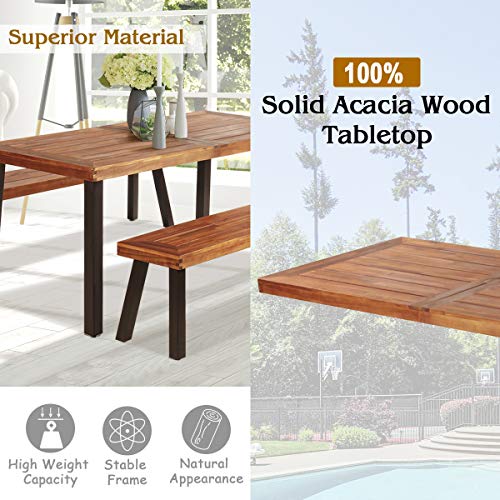 Giantex Patio Dining Table Set with 2 Benches, Outdoor Picnic Table Set with Umbrella Hole, Acacia Wood Patio Seating and Rectangular Table for Backyard, Garden, Lawn (Rustic Brown)