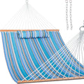 Lazy Daze Hammocks 12 FT Quilted Fabric Double Hammock with Spreader Bars and Detachable Pillow, 450lbs Weight Capacity - color: Peacock Green Stripe