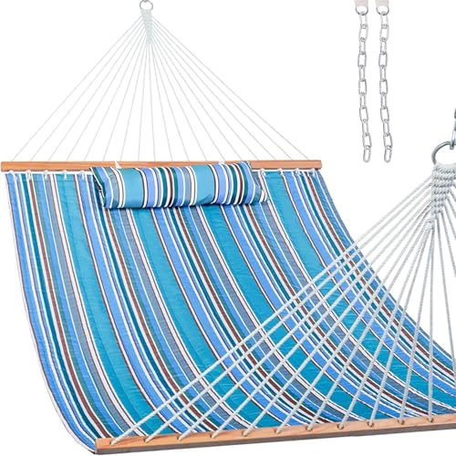 Lazy Daze Hammocks 12 FT Quilted Fabric Double Hammock with Spreader Bars and Detachable Pillow, 450lbs Weight Capacity - color: Peacock Green Stripe