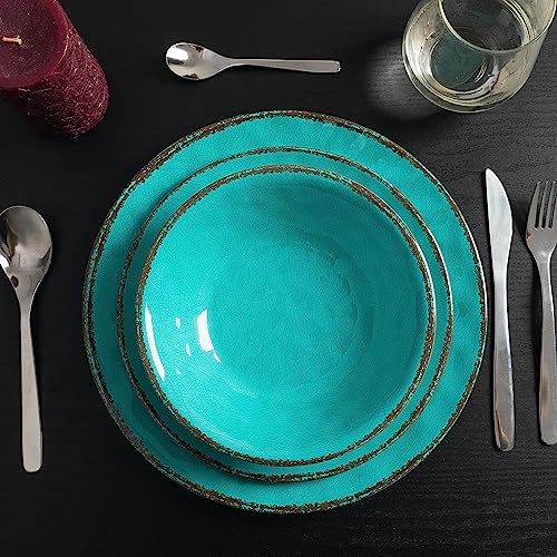 LEHAHA Rustic Melamine Dinnerware Sets, 12-piece Dishes Plastic Dinnerware Set for 4, Break-resistant Plates and Bowls Set, Outdoor Casual & Party Use Kitchen Dishes Set, Teal… - color: Teal