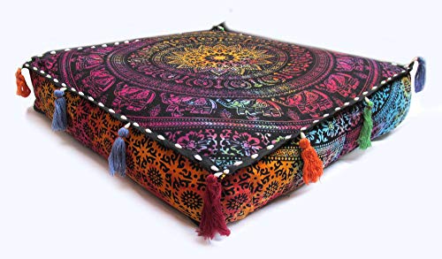 Large Hippie Mandala Round Floor Pillow Cover Ottoman Pouf Cover Daybed Cotton Cushion Cover with Heavy Duty Zipper Seating Ottoman Poufs Dog-Pets Bed (MUlti Elephant Flower, 18" Square) - color: Multi Elephant Flower, size: 18" x 18" (Pack of 1)