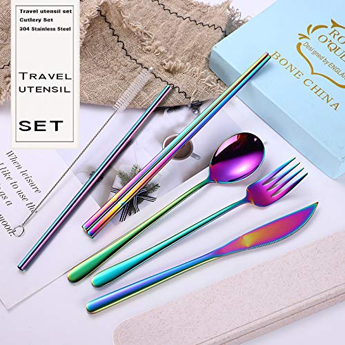 AARAINBOW 6 Pieces 18/8 Stainless Steel Flatware Set Portable Reusable Cutlery Set Travel Utensils Set Including Chopsticks Knife Fork Spoon Straws Cleaning Brush Dishwasher Safe (Multicolored) - color: Multicolor