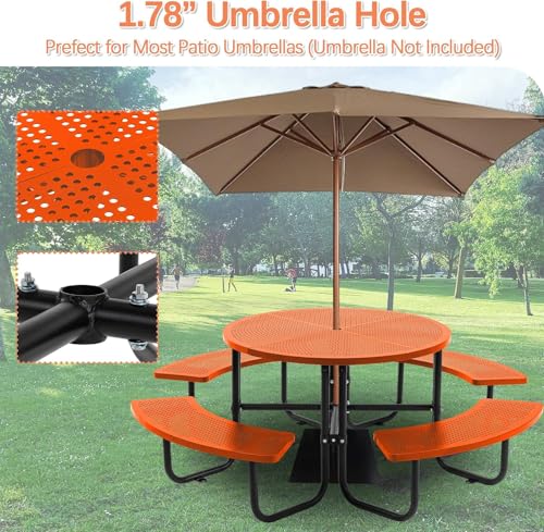 46-inch Orange Round Outdoor Picnic Table with Umbrella Hole Heavy Duty Coated Steel Metal Patio Dining Set for Garden, Courtyard, BBQ & Commercial Use - color: Orange-round