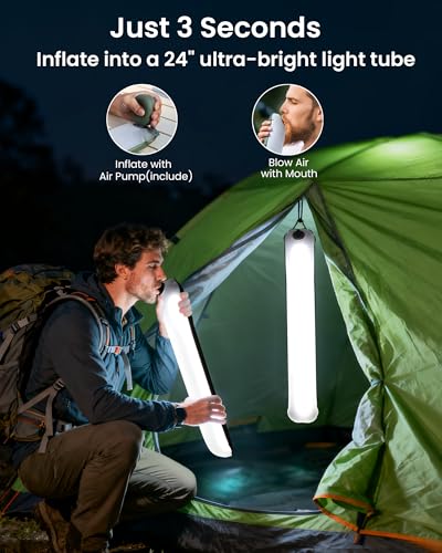24" Inflatable Solar Camping Lantern,Magnetic LED Tube Light with USB-C 2000mAh Phone Charger,IP66 Waterproof TPU Tent Light for Hurricane Emergency,Backpacking & Off-Grid Survival (Black) - color: Black, size: 24in