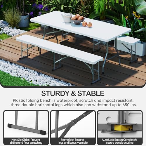 VSOAEIL 6 Foot Folding Bench, Portable Plastic Folding Bench Seat, Foldable Seat for Indoor Outdoor Picnic Camping Dining, Soccer Garden Multipurpose Entertaining Activities, White - color: White, size: 1 Pack