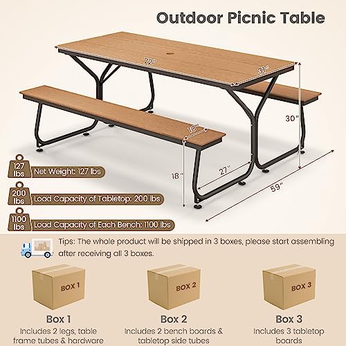 Giantex 6 FT Outdoor Picnic Table Bench Set for 6-8 People, 2400 LBS Capacity Patio Dining Table & 2 Benches with Metal Frame & HDPE, Balcony Conversation Set for Poolside Deck Garden (Brown) - color: Brown
