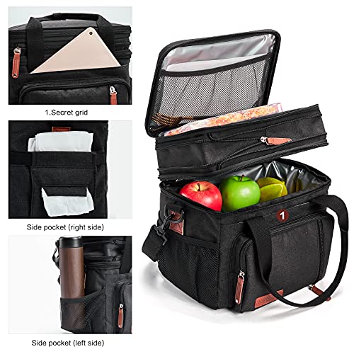 MOV COMPRA Lunch Bags for Men Women, Black Adult Lunch Box for Work, Expandable Leakproof Double Deck Lunch Box Cooler Tote Bag with Removable Shoulder Strap（Black） - color: Black