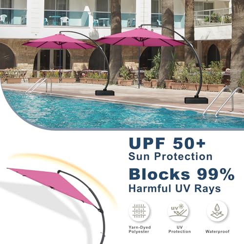 11FT Cantilever Umbrella with Base Large Curvy Outdoor Aluminum Offset Umbrella w/ 360° Rotation, UV Resistant Canopy for Patio, Garden, Backyard, Rose Pink - color: Rose Pink, size: 11FT