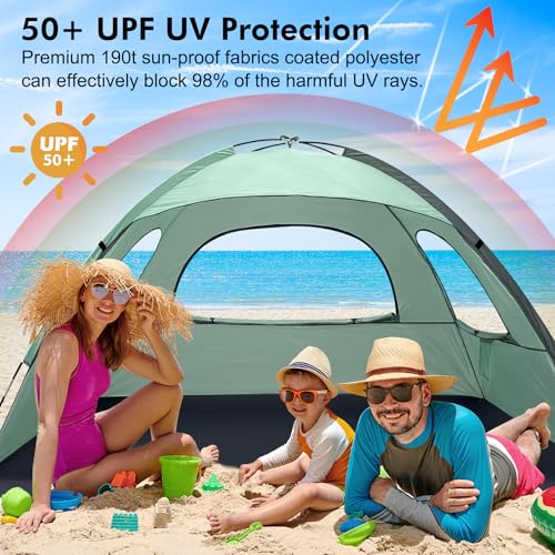 WhiteFang Beach Tent Anti-UV Portable Sun Shade Shelter for 3/4/6/8 Person, Extendable Floor with 3 Ventilating Mesh Windows Plus Carrying Bag, Stakes and Guy Lines - color: Mint Green, size: 3 Person