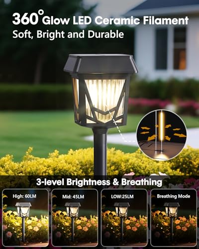 Solar Pathway Lights, Outdoor Lights Waterproof 6 Pack, Large Solar Panel, Type-C Fast Charge, 36H Long Lasting, Auto On/OFF, Dimmer & Breathing, Outdoor Lamp for Path/Patio/Backyard/Garden Decoration - color: Black