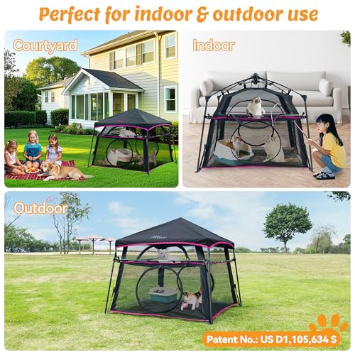 Extra Large Catio Outdoor Cat Enclosure, 2-Tier Foldable Cat Tent with 3 Doors for Patio, Balcony, Indoor & Camping, Weatherproof Sunproof Cat Playpen with Carry Bag Included（Patented） - style: B-2 Tier Cat Tent Rose
