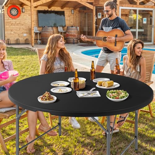 Magshion 60" Round Folding Table, 5 Feet Bi-Folding Plastic Commercial Dining Card Table w/Carrying Handle for Outdoor Wedding Party Event Picnic, Black - color: Black, size: 5Ft