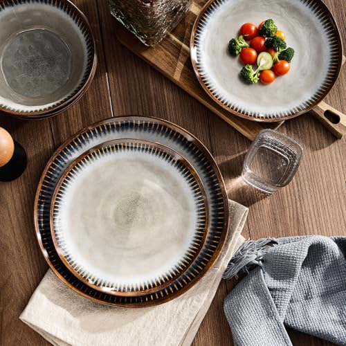 Melamine Dinnerware Set, 12 Pcs Dishware Sets, Plate and Bowl Set Service for 4, Lightweight and Unbreakable Dinnerware Sets for Camping, Great for RV, Dishwasher Safe, Sahara Beige and Blue - color: Sahara Beige