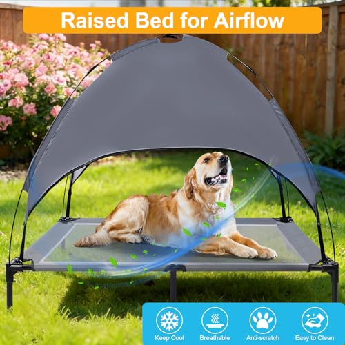 a12'' Outdoor Elevated Dog Bed with Canopy, Raised Dogs Bed Medium Large Size Dogs with Six Support Feet, BreathablaHammock Bed,Outside Pet Bed with 4 Ice Pack(Large)