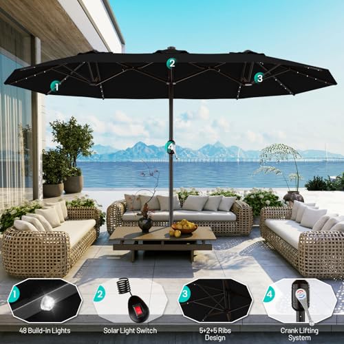 AreShark 13 FT Patio Umbrella with Solar Lights, Double-Sided Outdoor Table Umbrellas with Crank, Large Rectangular Market Umbrella for Porch, Lawn, Pool, Backyard, Black - color: Black, size: 6.5x13 Ft