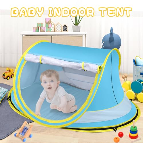 Baby Beach Tent,Large Pop Up Beach Tent Sun Shade for Beach,Portable Baby Travel Tent with Mosquito Net,Indoor Baby Play Tent,UPF 50+ UV Protection Sun Shelters for Infants - style: Blue