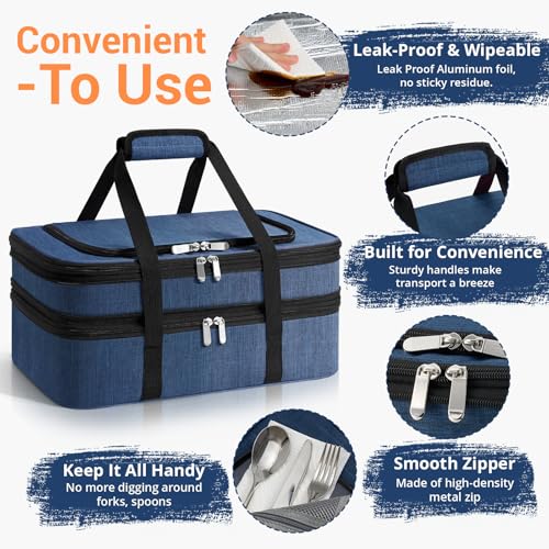 Insulated Double Casserole Carrier - Portable Casserole Carriers for Hot or Cold Food Lunch Tote Warmer or Cooler Bag for Potluck Parties Picnic Cookouts, Fits 9" x 13" Baking Dish - Navy Blue - color: Navy Blue