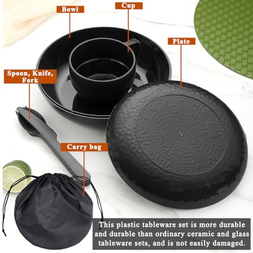 Berglander Camping Mess Kit with Bowl, Plate, Cup, Spoon, Fork, Knife and Carry Bag, Plastic Camping Accessories Essentials Gear for Travel, Camping, Picnic, Outdoor, Easy to Carry & Store - color: 1.Black