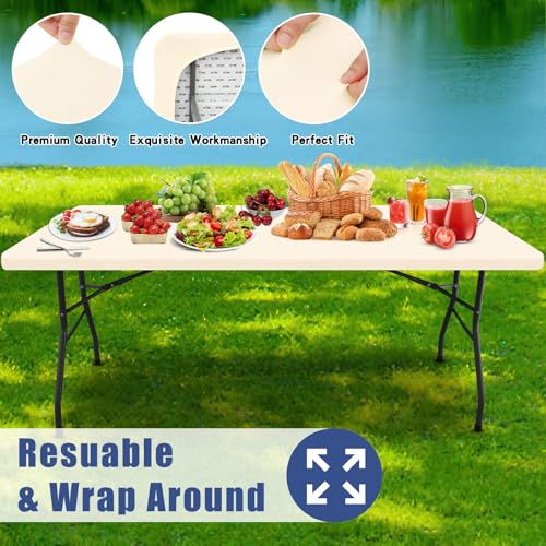 Moosfor Spandex 4 Foot Rectangle Table Cloth, Elastic Fitted Tablecloths for Picnic, Stretch Washable Patio Table Cover for Outdoor, Camping, Banquet and Parties (Beige, 24"x48") - color: Beige, size: 48" x 24" (Rectangular)