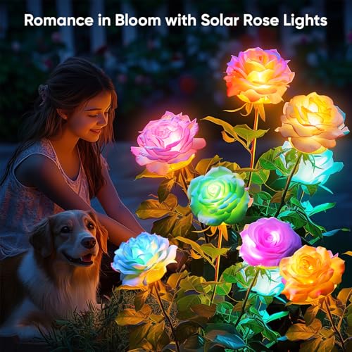 Solar Rose Lights Outdoor: 4 Pack IP65 Waterproof 7-Color Changing LED Flower Stakes for Garden Pathway Patio Lawn Decorative - Auto On Off 10H+ Lighting - size: 4 Pack
