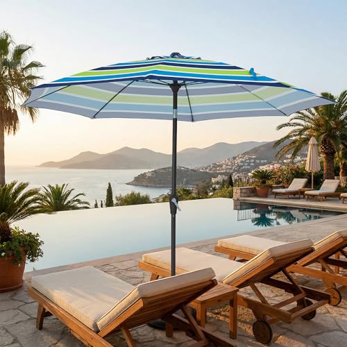 JEAREY 9FT Outdoor Patio Umbrella,Market Table Umbrella with 8 Fiberglass Ribs, Pool Umbrella with Tilt and Crank, UV Protection Lightweight & Wind-Resistant for Lawn, Garden, Deck and Backyard, Blue-Green Stripe - color: Blue-Green Stripe
