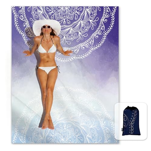 Sunlit Silky Soft Sand Proof Beach Blanket 106"x81" / 85"x72" Sand Proof Mat with Corner Pockets and Mesh Bag for Beach Party, Travel, Camping and Outdoor Music Festival, Mandala - color: Blue Violet, size: 85"x72"