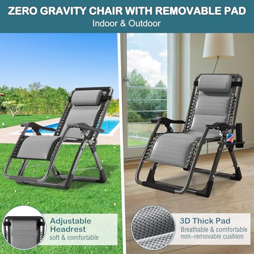 NAIZEA Padded Zero Gravity Chair, Cooling Fabric Folding Outdoor Lounge Chairs, Adjustable Reclining Camping Chairs with Cup Holder, Ergonomic Patio Lawn Chair for Balcony Beach Deck Yard - color: Ice Silk Gray, style: Zero Gravity Chair